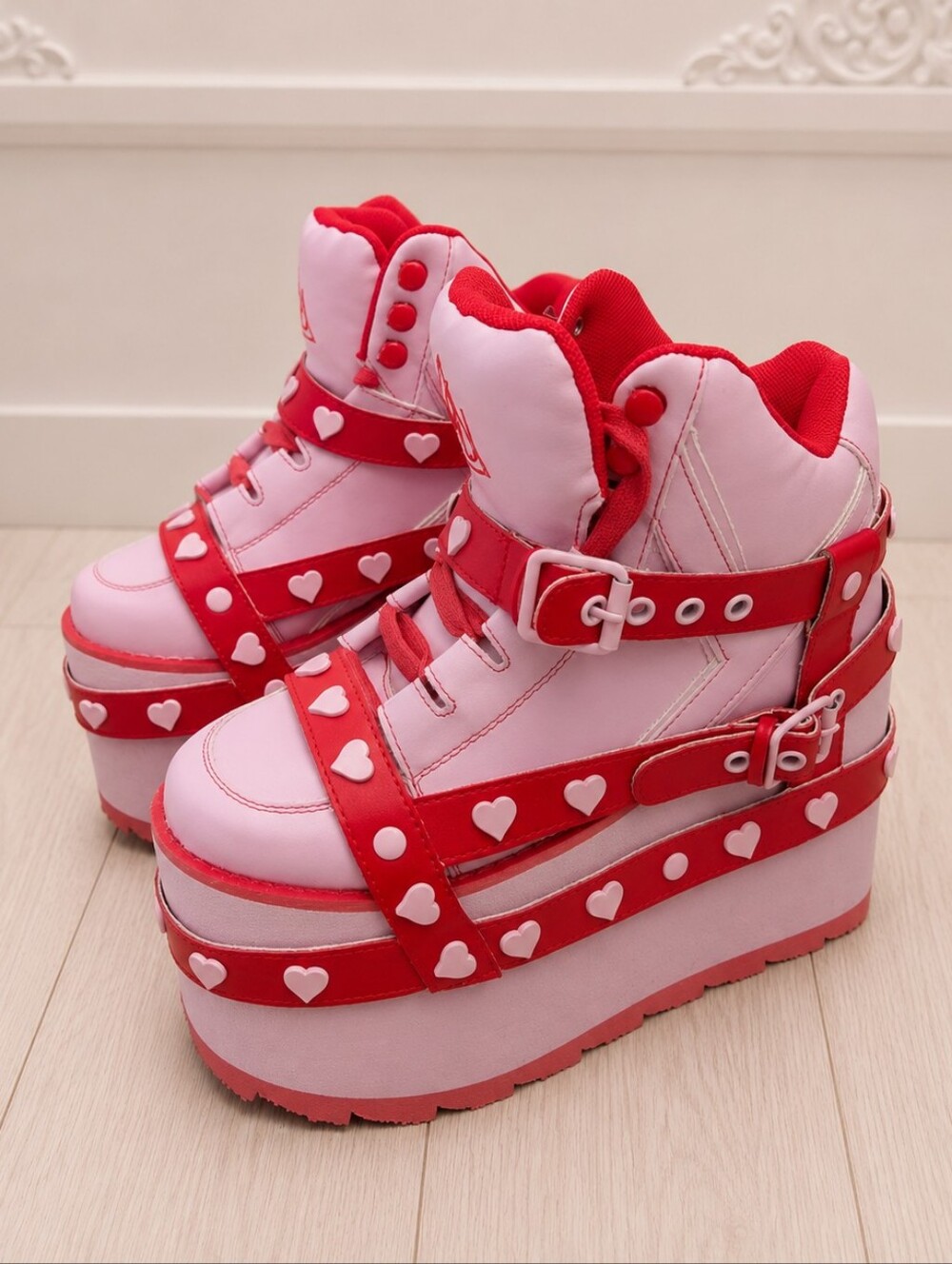 YRU Pink and Red Platform Shoes with Studded Straps